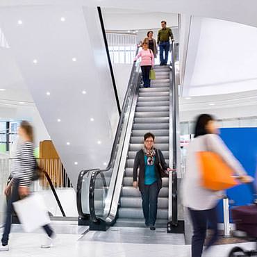 Shoppers descending an escalator