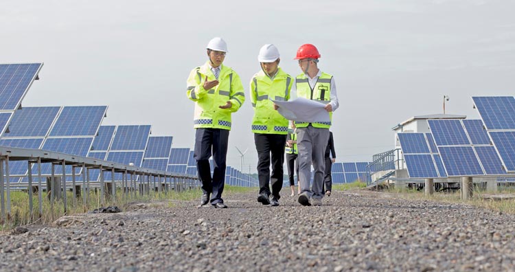 Engineers discussing solar panels