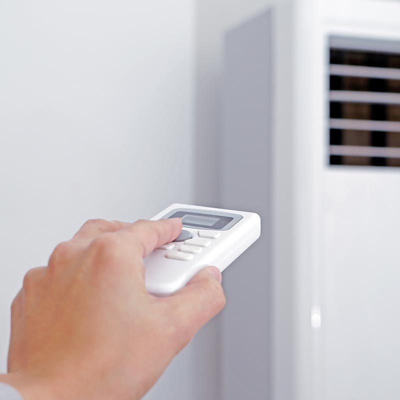 Hand using a remote controller for an air purifier