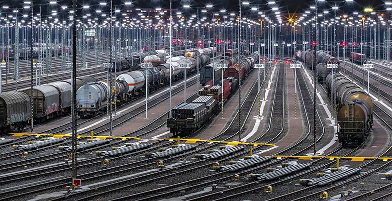 Trains in a rail freight yard