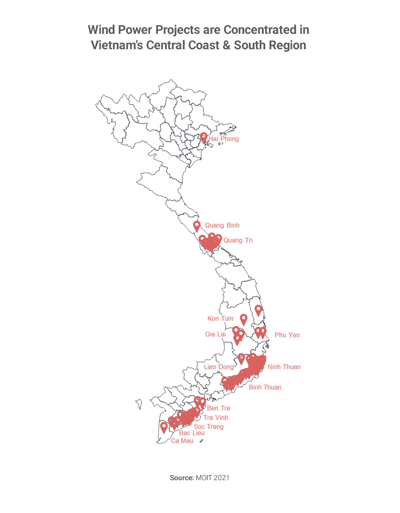 Map showing Vietnam's wind power locations