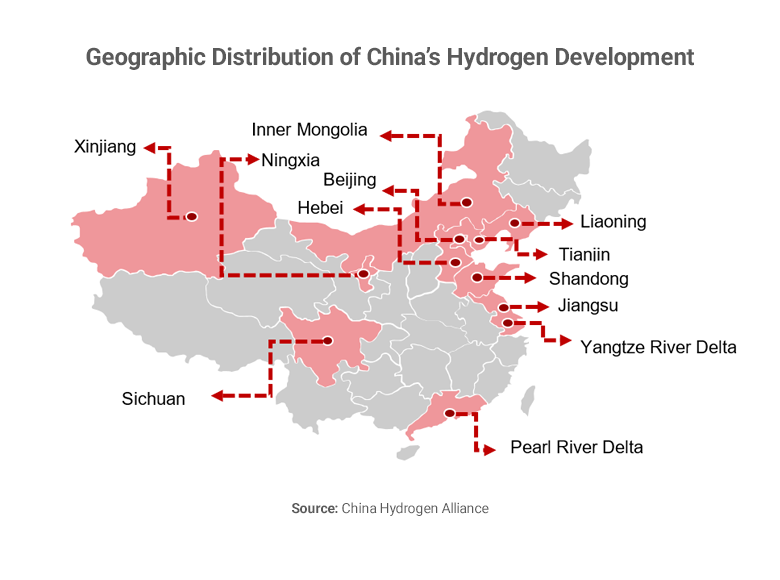 Map showing distribution of China's hydrogen development