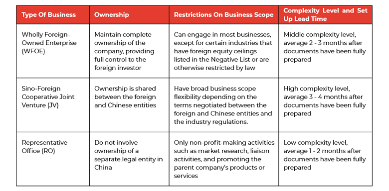 Table showing Types of Foreign Invested Enterprises in China