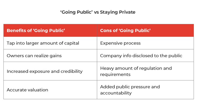 Table showing benefits and challenges of IPOs